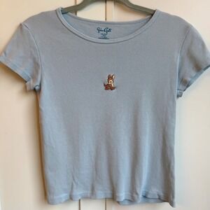 Brandy Melville John Galt Baby Tee Fawn Design Women's Light Blue Short Sleeve